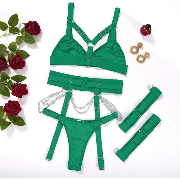 Women's Green Sexy Chain Strappy Garter Belt Lingerie Set Rave Outfits - Picture 5 of 5